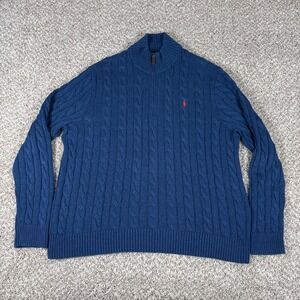 Polo Ralph Lauren Sweater Mens XXL Blue Cable Knit Cotton Mock Neck Quarter Zip